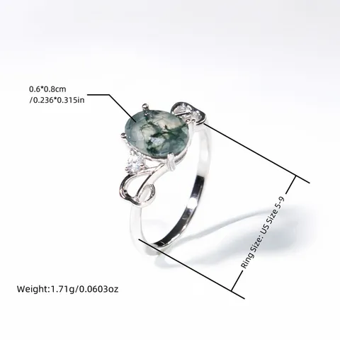Vintage 925 Sterlingsilber Moosachat Ring Für Damen Hohl Design Cabochon Schliff Vier-Krallen Strass Schmuck Fingerring