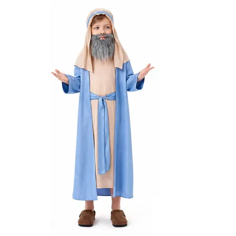 Kids Halloween Wise Man Shepherd Costume Boys Biblical Ancient Prophet Cosplay Outfit Robe With Headpiece And Beard Set