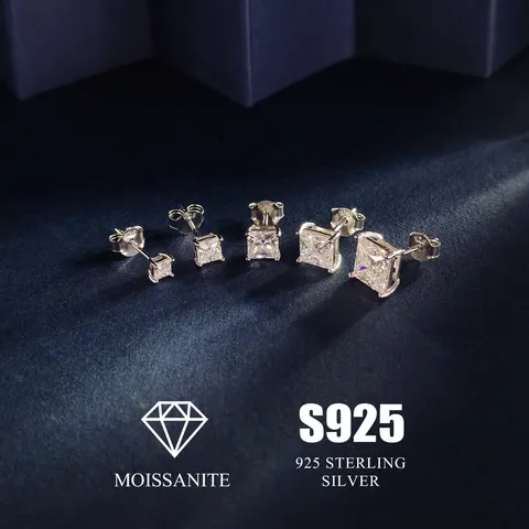 S925 Sterling Silber Moissanit Ohrstecker Prinzessschliff Vier Krallen Minimalistisch Funkelnder Schmuck Für Damen Jubiläumsgeschenk GRA Zertifikat