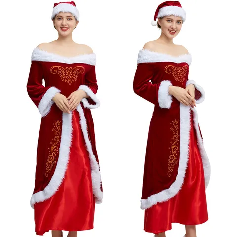 Christmas Costume Women Santa Claus Dress Thickened Long Sleeve Red Velvet Outfit With Faux Fur Trim For Party Holiday