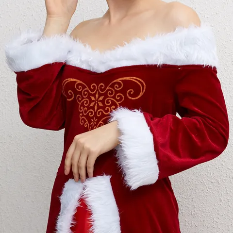 Christmas Costume Women Santa Claus Dress Thickened Long Sleeve Red Velvet Outfit With Faux Fur Trim For Party Holiday