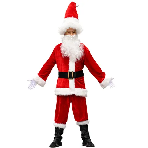 Costume da Babbo Natale per Uomo Adulti Abbigliamento di Lusso in Velluto Rosso Bianco Festa di Natale Esibizione Con Barba Cappello Cintura