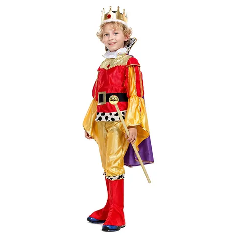 Disfraz de Rey Real para Niños Halloween Cosplay Conjunto Oro Rojo Terciopelo Capa Corona Fiesta Niños