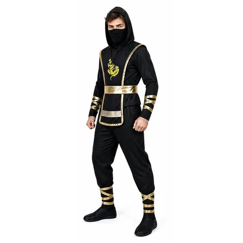 Halloween Adultes Hommes Ninja Cosplay Costume Ensemble Haut à Capuche Noir et Doré Pantalon Tenue de Fête