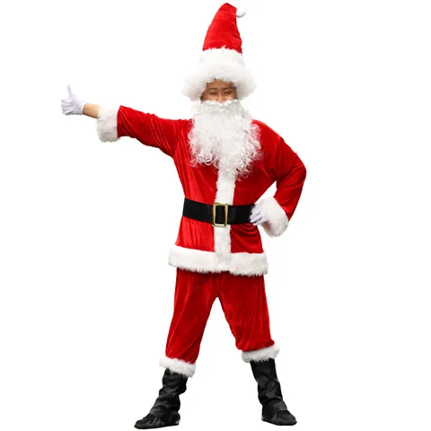 Adult Men Deluxe Santa Claus Costume Christmas Party Cosplay Outfit Thickened Velvet Red Suit With Hat Beard Belt Gloves Boots