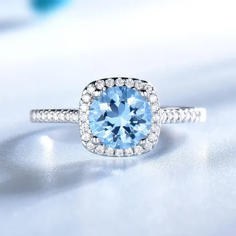 925 Sterlingsilber Halo Ring Für Damen Mit Blauem Topas Und Zirkonia Runder Schnitt Hochzeit Verlobung Schmuck