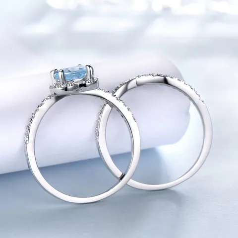 925 Sterlingsilber Natürlicher Himmelblauer Topas Ring Für Damen Runder Zirkonia Doppelreihiges Band Mode Edelstein Fingerring Schmuck