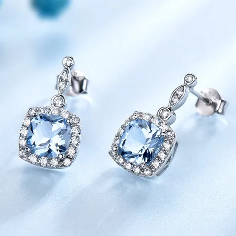 Minimalistisch 925 Sterlingsilber Himmelblau Strass Schmuckset Für Damen Quadratisch Anhänger Boxkette Halskette Ohrringe Ring Set