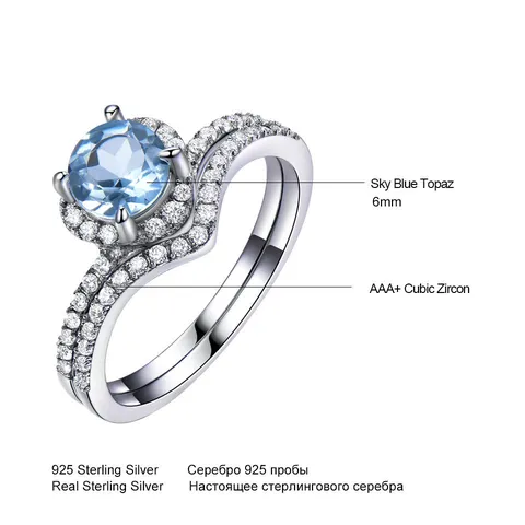 925 Sterlingsilber Natürlicher Himmelblauer Topas Ring Für Damen Runder Zirkonia Doppelreihiges Band Mode Edelstein Fingerring Schmuck