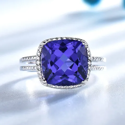 Lussuoso Anello in Argento Sterling 925 per Donna Anello di Tanzanite Blu Taglio Cushion Classico Halo Fidanzamento Matrimonio Regalo di Gioielli