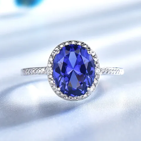 Lussuoso Anello Fidanzamento Matrimonio Strass Pave Halo Donna Zaffiro Blu Ovale in Argento Sterling 925