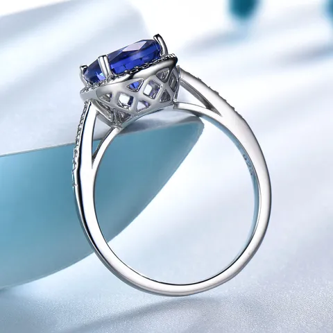 Lussuoso Anello Fidanzamento Matrimonio Strass Pave Halo Donna Zaffiro Blu Ovale in Argento Sterling 925