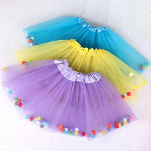 Childrens Day Girls Performance Tutu Skirt Solid Color Mesh Half Skirt With Colorful Pom Pom Cute Stage Costume