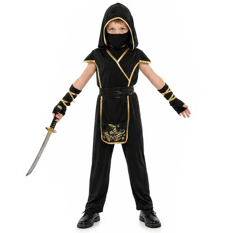 Costume de Ninja pour Enfants Halloween Cosplay Fête Performance Noir et Or Haut à Manches Longues Ensemble de Pantalons avec Épée Jouet
