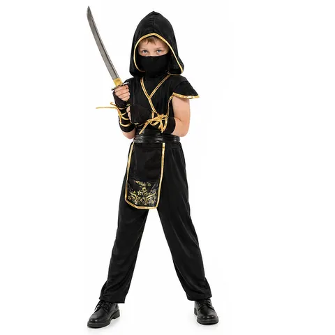 Costume de Ninja pour Enfants Halloween Cosplay Fête Performance Noir et Or Haut à Manches Longues Ensemble de Pantalons avec Épée Jouet