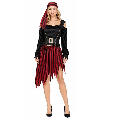 Costume de Pirate pour Femme Adulte Halloween Caraïbes Cosplay Tenue Haut Rayé Ensemble Jupe Irrégulière Fête