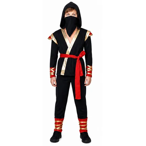 Costume de Cosplay Ninja pour Enfants Fête d'Halloween Tenue de Samouraï Ensemble Haut et Bas à Capuche Noir pour Garçons et Filles