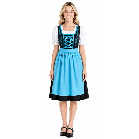 Women Bavarian Oktoberfest Dirndl Dress Short Puff Sleeve Lace-Up Embroidered Bavarian Beer Girl Costume Outfit