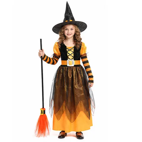 Παιδική Στολή Cosplay Μάγισσας Halloween Πορτοκαλί και Μαύρο Μακρύ Φόρεμα με Καπέλο Σκούπα Γυναικεία Στολή Πάρτι Ένδυση Φεστιβάλ