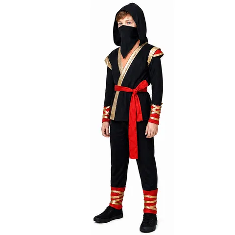 Costume de Cosplay Ninja pour Enfants Fête d'Halloween Tenue de Samouraï Ensemble Haut et Bas à Capuche Noir pour Garçons et Filles