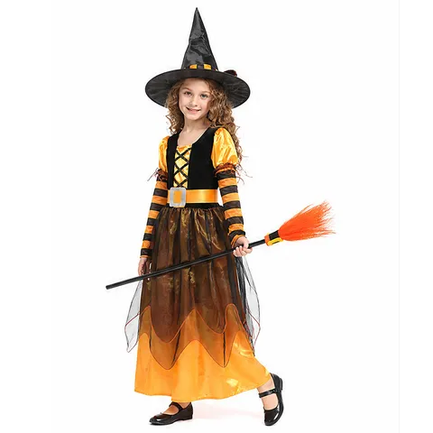 Παιδική Στολή Cosplay Μάγισσας Halloween Πορτοκαλί και Μαύρο Μακρύ Φόρεμα με Καπέλο Σκούπα Γυναικεία Στολή Πάρτι Ένδυση Φεστιβάλ