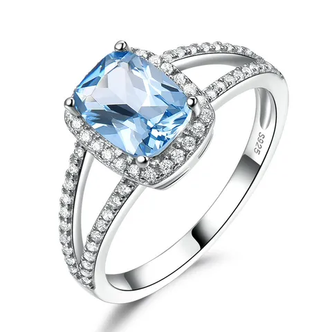 925 Sterlingsilber Himmelblau Kissenschliff Edelstein Ring Für Damen Halo Strass Split Shank Mode Fingerring Schmuck