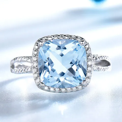 925 Sterlingsilber Quadratischer Blauer Zirkonia Ring Für Damen Eleganter Halo Cushion Cut Verlobung Hochzeit Modeschmuck Fingerring