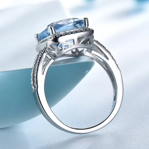 925 Sterlingsilber Quadratischer Blauer Zirkonia Ring Für Damen Eleganter Halo Cushion Cut Verlobung Hochzeit Modeschmuck Fingerring