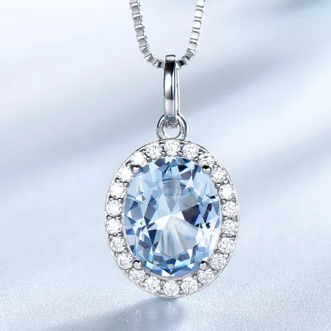 925 Sterlingsilber Schmuckset Himmelblau Topas Zirkonia Halskette Ohrringe Ring Set Für Damen Halo Edelstein Schmuck