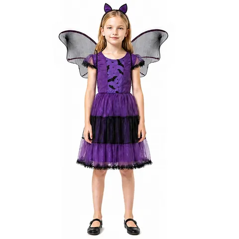 Kinderen Halloween Heks Kostuum Polyester Meisjes Paarse Mesh Jurk Met Vleugels En Hoofdband Cosplay Feest Prestatie