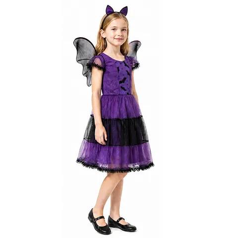 Kinderen Halloween Heks Kostuum Polyester Meisjes Paarse Mesh Jurk Met Vleugels En Hoofdband Cosplay Feest Prestatie