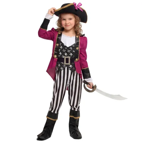Kids Girls Pirate Costume Caribbean Captain Outfit Halloween Cosplay Party Dress With Hat Pants Belt Set