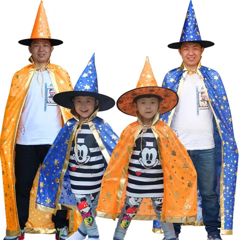 Cape de Sorcier à Six Étoiles pour Adultes d'Halloween avec Chapeau de Sorcière en Satin pour Fête Cosplay