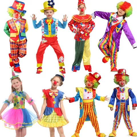 Kids Halloween Cosplay Clown Costume Unisex Colorful Polka Dot Striped Outfit Party Stage Performance Clothes