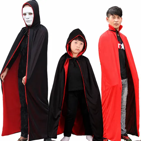 Halloween Μαύρο Κόκκινο Κάπα Κοστούμι Ενήλικες Παιδιά Χάρος Διάβολος Βαμπίρ Κουκούλα Κάπα Cosplay Πάρτι Παράσταση