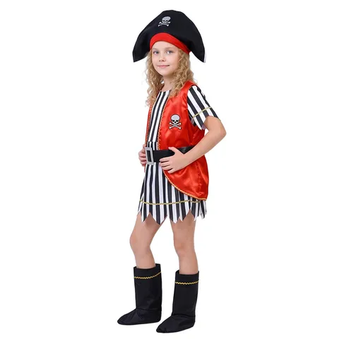 Kids Halloween Pirate Costume Girls Caribbean Pirate Cosplay Outfit Dress Hat Belt Party Role Play Apparel