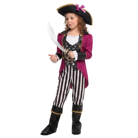 Kids Girls Pirate Costume Caribbean Captain Outfit Halloween Cosplay Party Dress With Hat Pants Belt Set