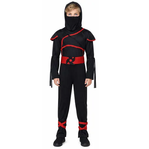 Costume de Ninja d'Halloween pour Enfants Garçons Filles Cosplay Fête Performance Tenue Noir Rouge Combinaison Masque Capuche Ensemble