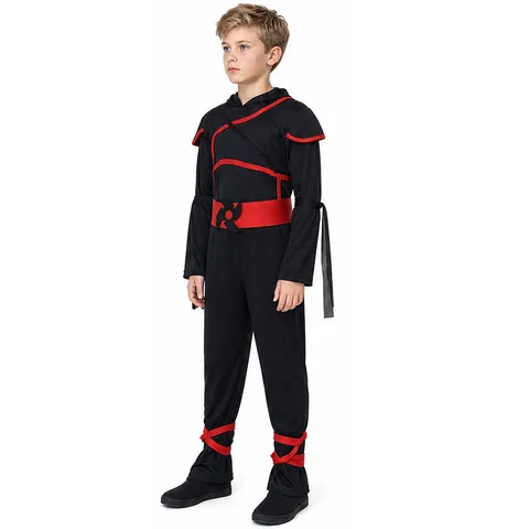 Costume de Ninja d'Halloween pour Enfants Garçons Filles Cosplay Fête Performance Tenue Noir Rouge Combinaison Masque Capuche Ensemble