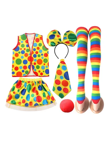 Kids Halloween Clown Costume Set Children Carnival Party Performance Outfit With Vest Skirt Headband Bowtie Nose Accessories
