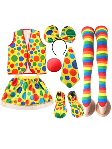 Kids Halloween Clown Costume Set Children Carnival Party Performance Outfit With Vest Skirt Headband Bowtie Nose Accessories