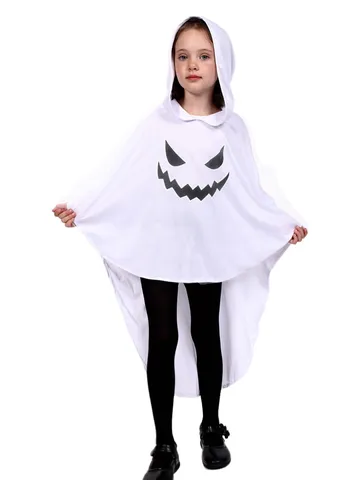 Kids Halloween Glow In The Dark Ghost Cloak Hooded Cape Costume White Polyester Festive Party Apparel