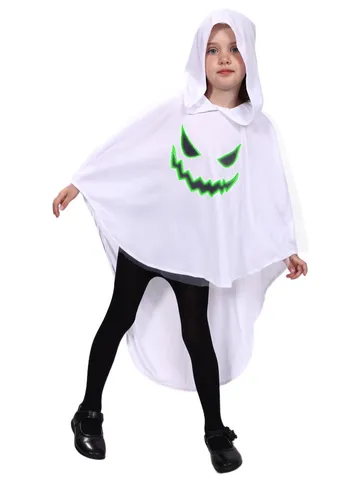 Kids Halloween Glow In The Dark Ghost Cloak Hooded Cape Costume White Polyester Festive Party Apparel