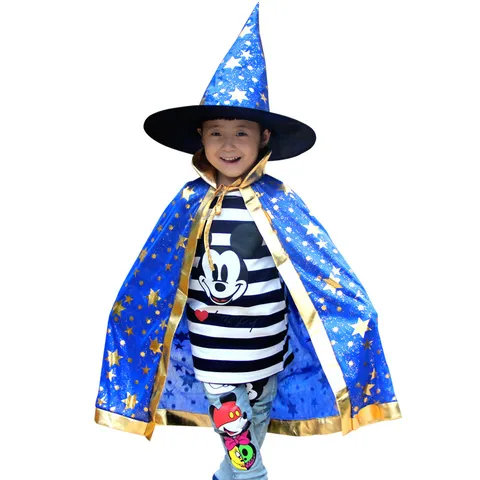 Cape d'Halloween Étoile Enfant Costume Sorcière Magicien avec Chapeau Tenue de Fête