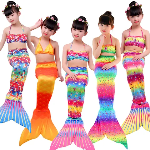 Girls Mermaid Swimsuit Three Piece Set Bikini With Tail Cute Cartoon Printed Swimwear Summer Beach Bathing Suit