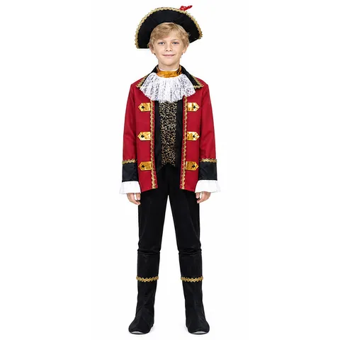 Kids Boys Pirate Captain Costume Halloween Cosplay Party Outfit Red Black Jacket Pants Hat Set Deluxe Holiday Dress Up