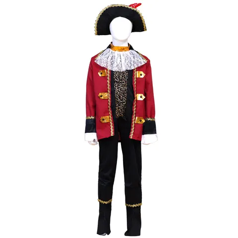 Kids Boys Pirate Captain Costume Halloween Cosplay Party Outfit Red Black Jacket Pants Hat Set Deluxe Holiday Dress Up