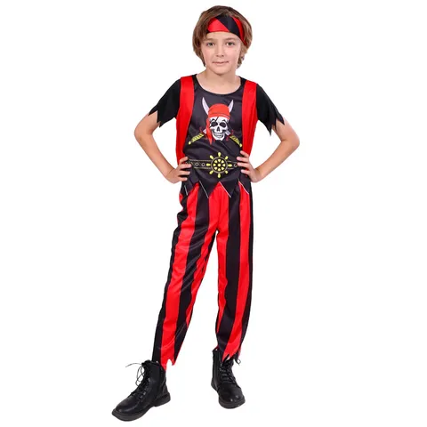 Ensemble de Costumes de Pirate pour Enfants en Polyester Haut à Imprimé Crâne Rayé Noir et Rouge Pantalon Foulard Fête d'Halloween Cosplay