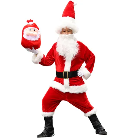 Adult Men Deluxe Santa Claus Costume Christmas Party Cosplay Outfit Thickened Velvet Red Suit With Hat Beard Belt Gloves Boots