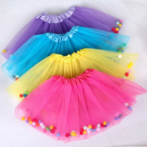 Childrens Day Girls Performance Tutu Skirt Solid Color Mesh Half Skirt With Colorful Pom Pom Cute Stage Costume